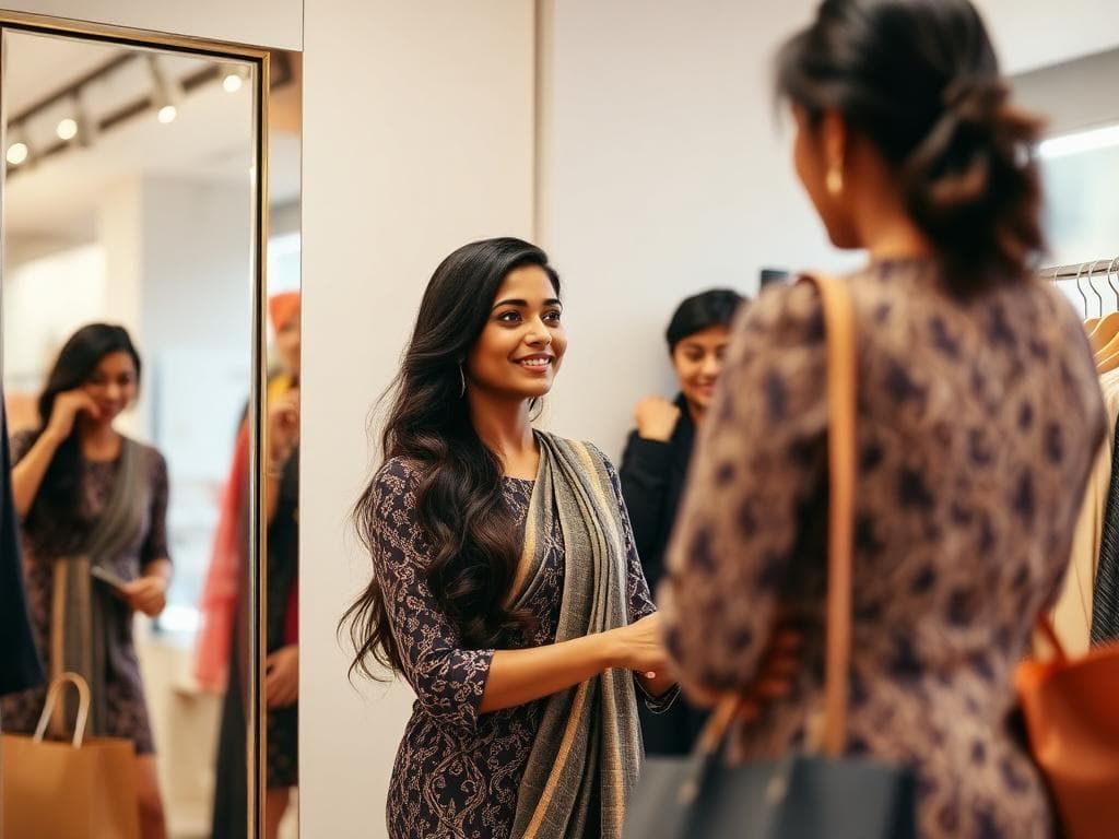 Woman trying on outfits with personal shopper in boutique in Mumbai