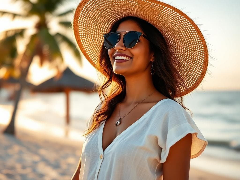 Woman in resort wear styled by vacation styling service at tropical beach