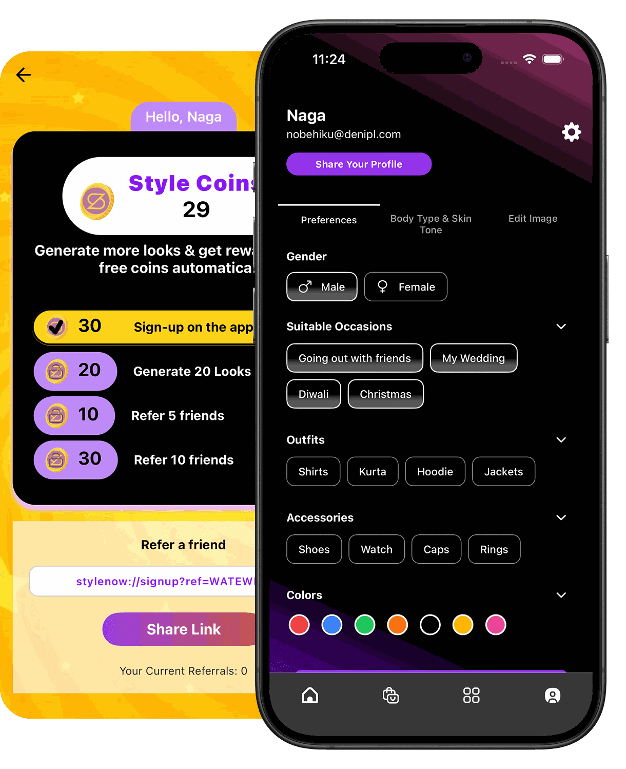 StyleBuddy App style profile with preferences, occasions, colours and StyleCoins