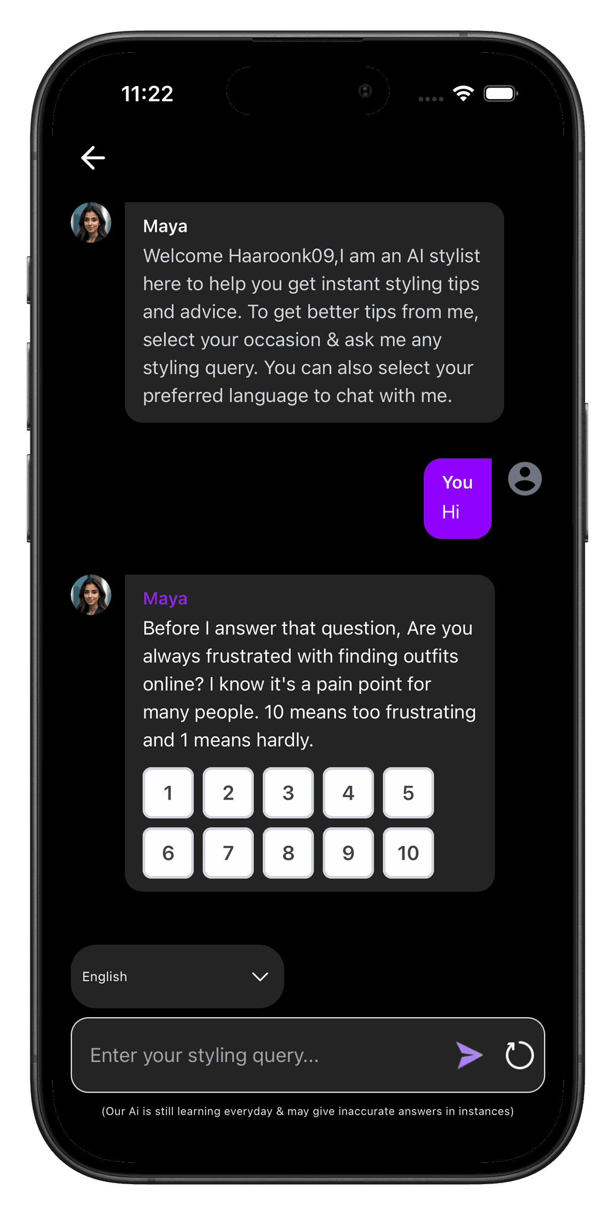 Chat with Maya, the StyleBuddy AI stylist, asking about outfit ideas inside the StyleBuddy App